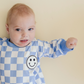 Bubble Romper | Checkered Smiley Blue