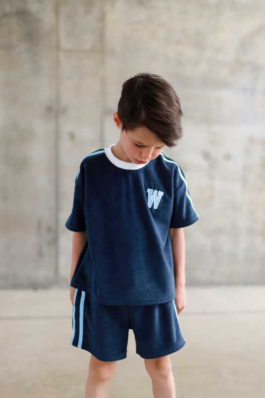 Navy Varsity Organic Cotton Terry Shorts Set with Optional Embroidery