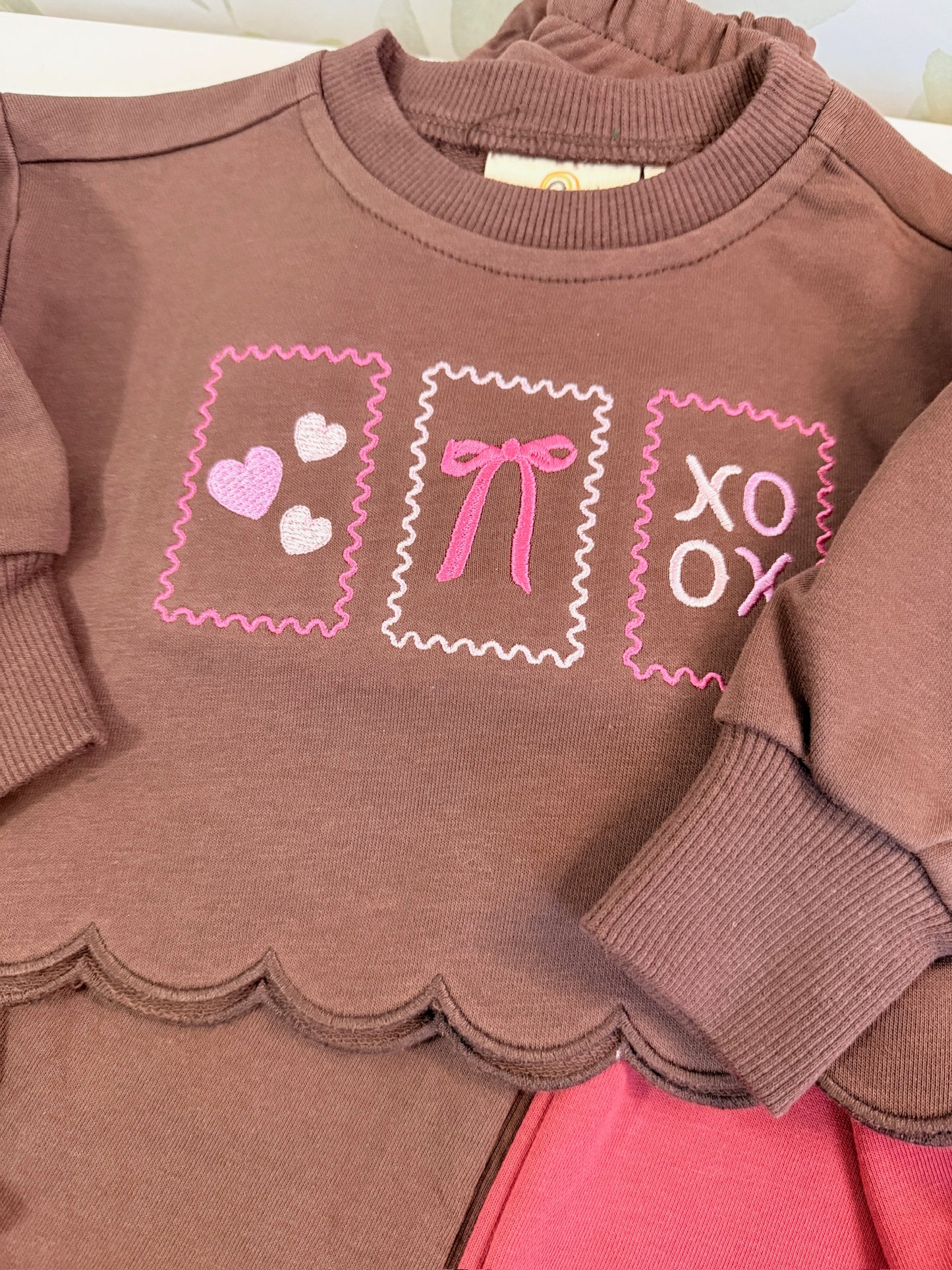 Custom Embroidered Valentine's Stamps Scalloped Set - Red, Cream, or Brown