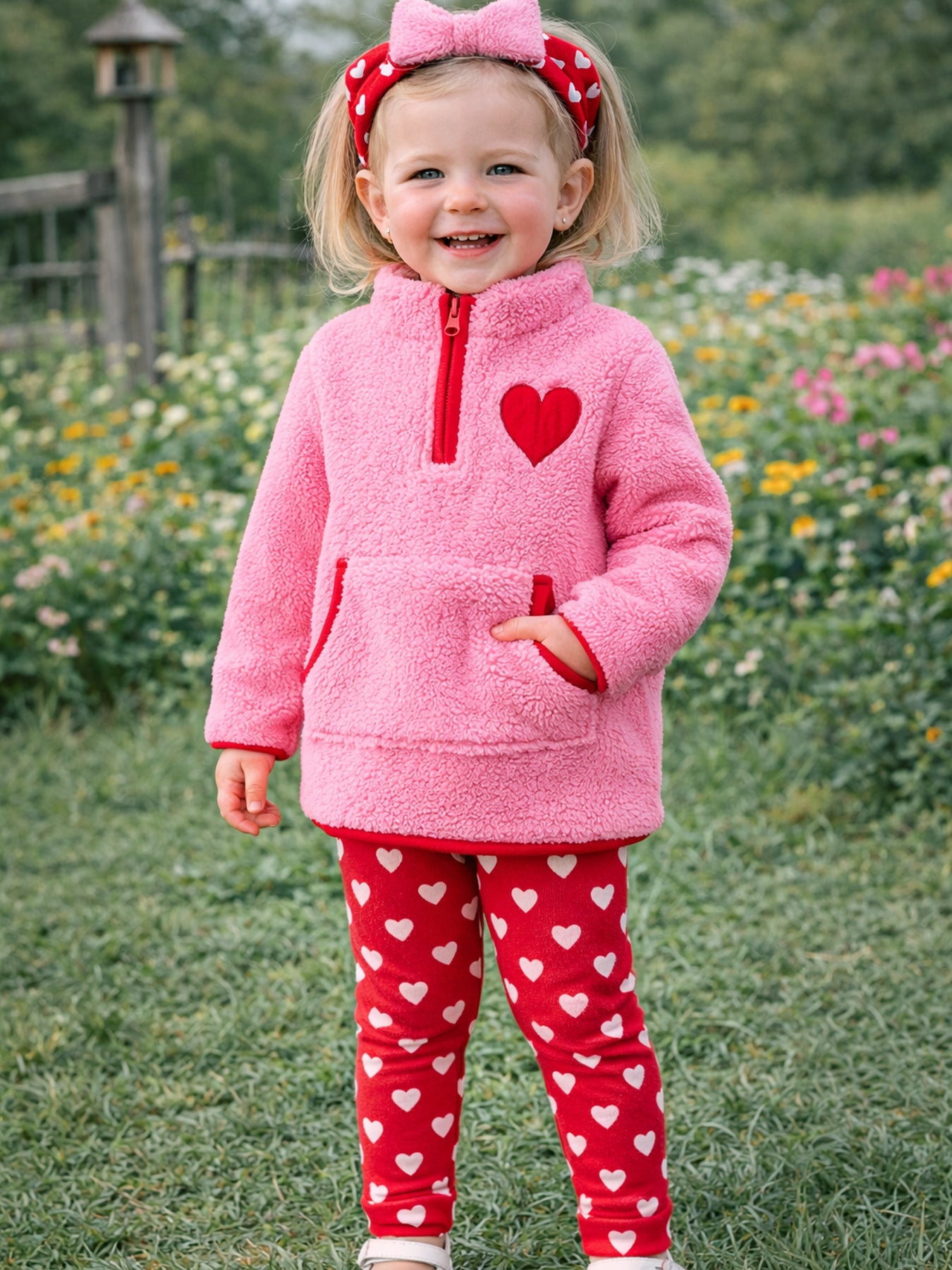 Valentine Pink Sherpa Heart Top with Red Heart Leggings and Bow Headband