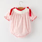 Pink Gingham Christmas Baby Girls Romper: Santa Embroidery with Red Satin Ribbon