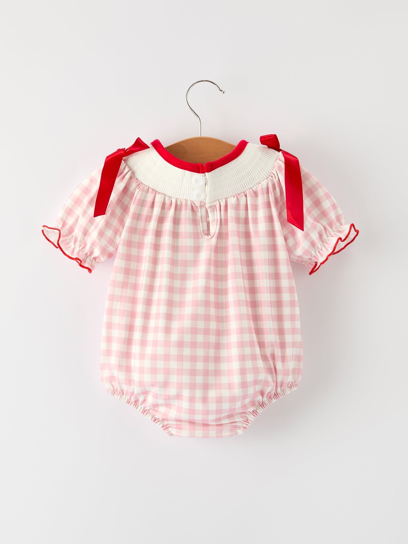 Pink Gingham Christmas Baby Girls Romper: Santa Embroidery with Red Satin Ribbon