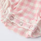 Pink Gingham Christmas Baby Girls Romper: Santa Embroidery with Red Satin Ribbon