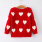 Valentine’s Day Girls Red Heart Pattern Fuzzy Knit Cardigan with Front Pockets