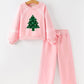 Christmas Tree Appliqué Girls Pink Sweatshirt And Pants Set