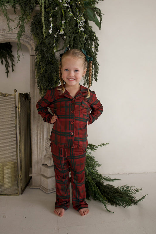 Girl's Bamboo Button Up Lounge Set | Christmas Plaid