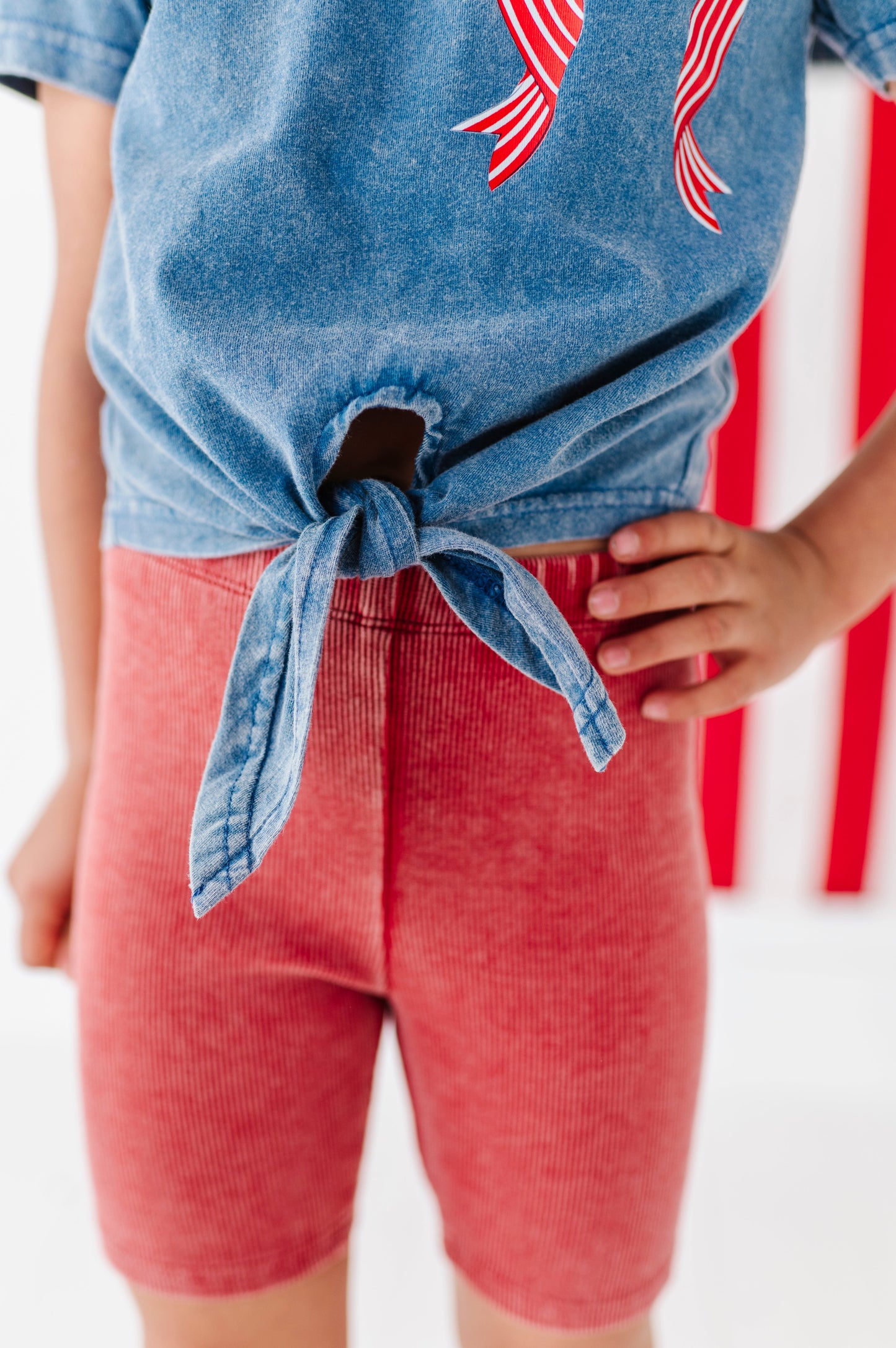 RED Stripe Bow (navy shirt) | Girls Tie-Front Shirt