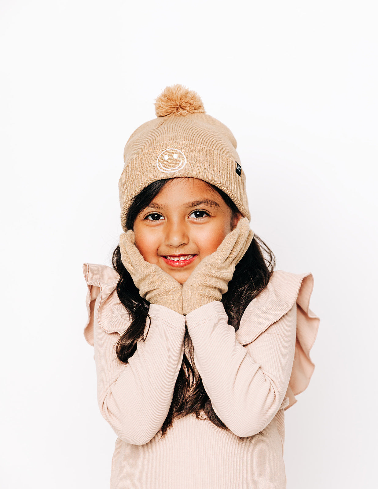 Tan Smiley Pom Pom Hat