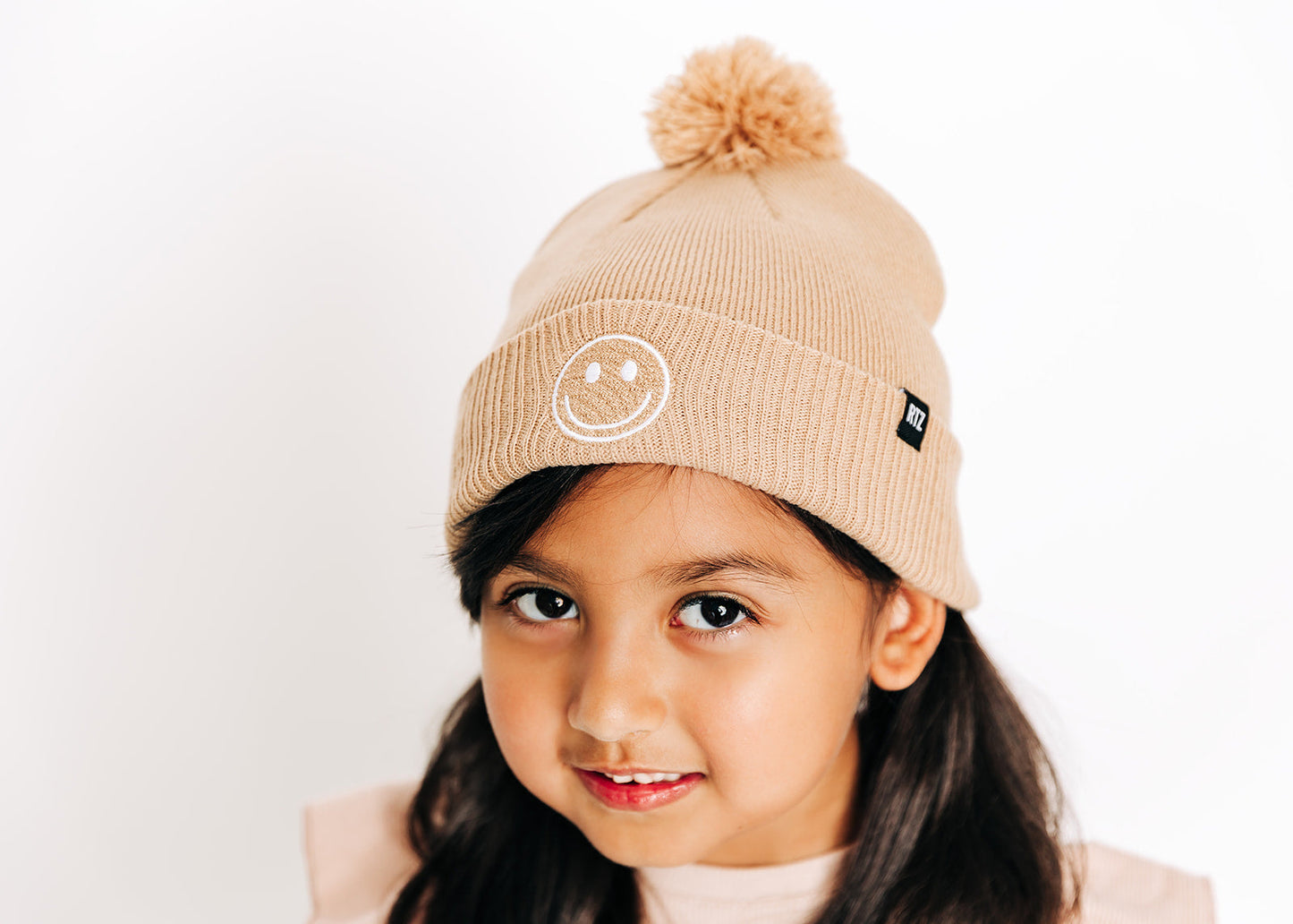 Tan Smiley Pom Pom Hat