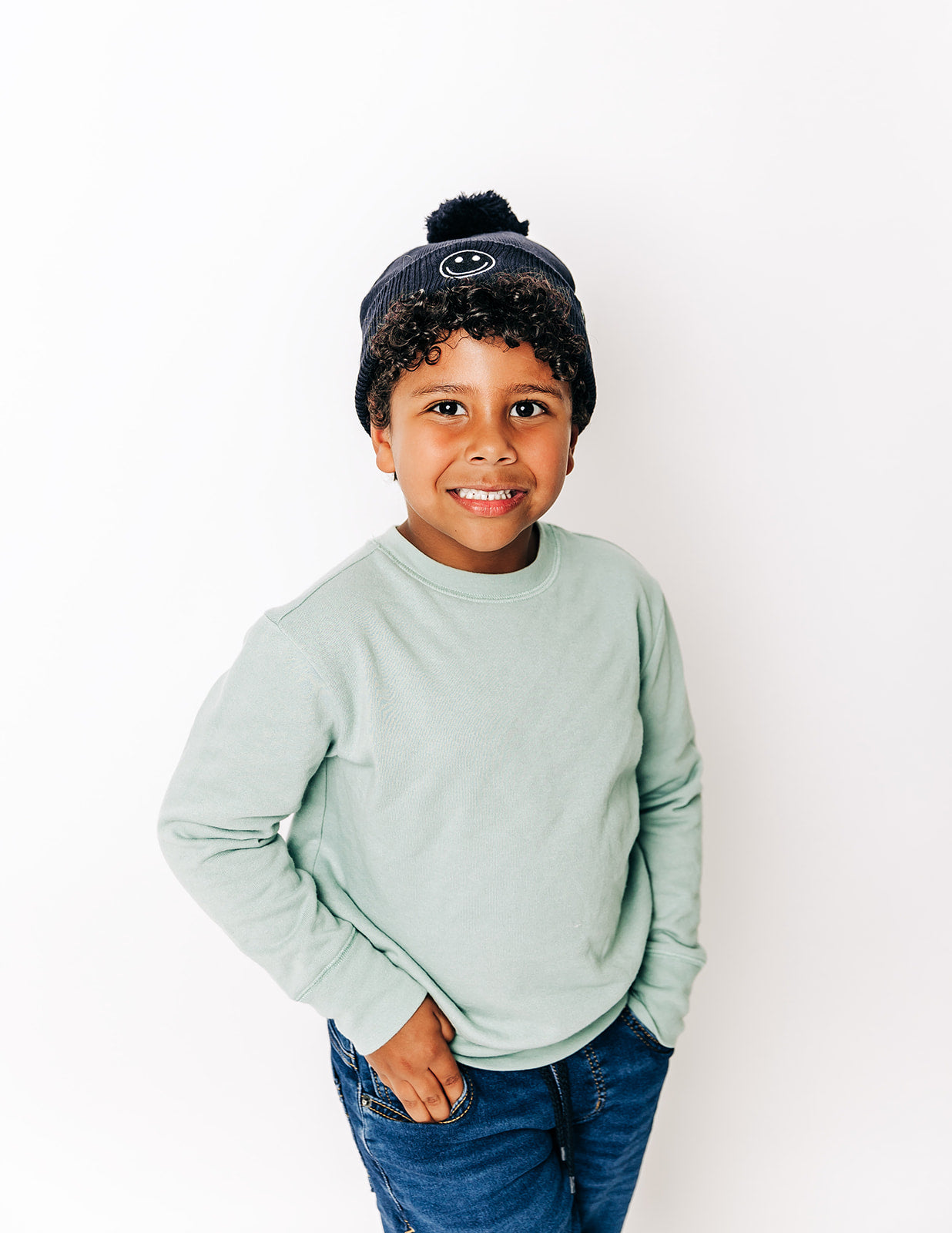 Navy Smiley Pom Pom Hat