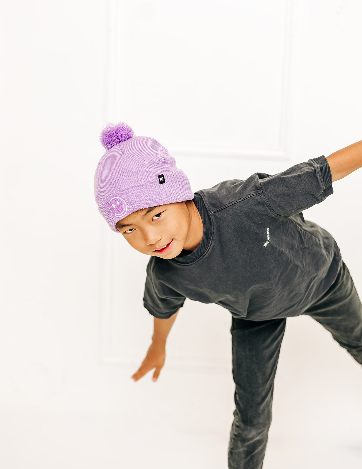 Purple Smiley Pom Pom Hat