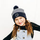 Blue & White Stripe Smiley Pom Pom Hat