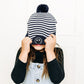 Blue & White Stripe Smiley Pom Pom Hat