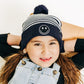 Blue & White Stripe Smiley Pom Pom Hat