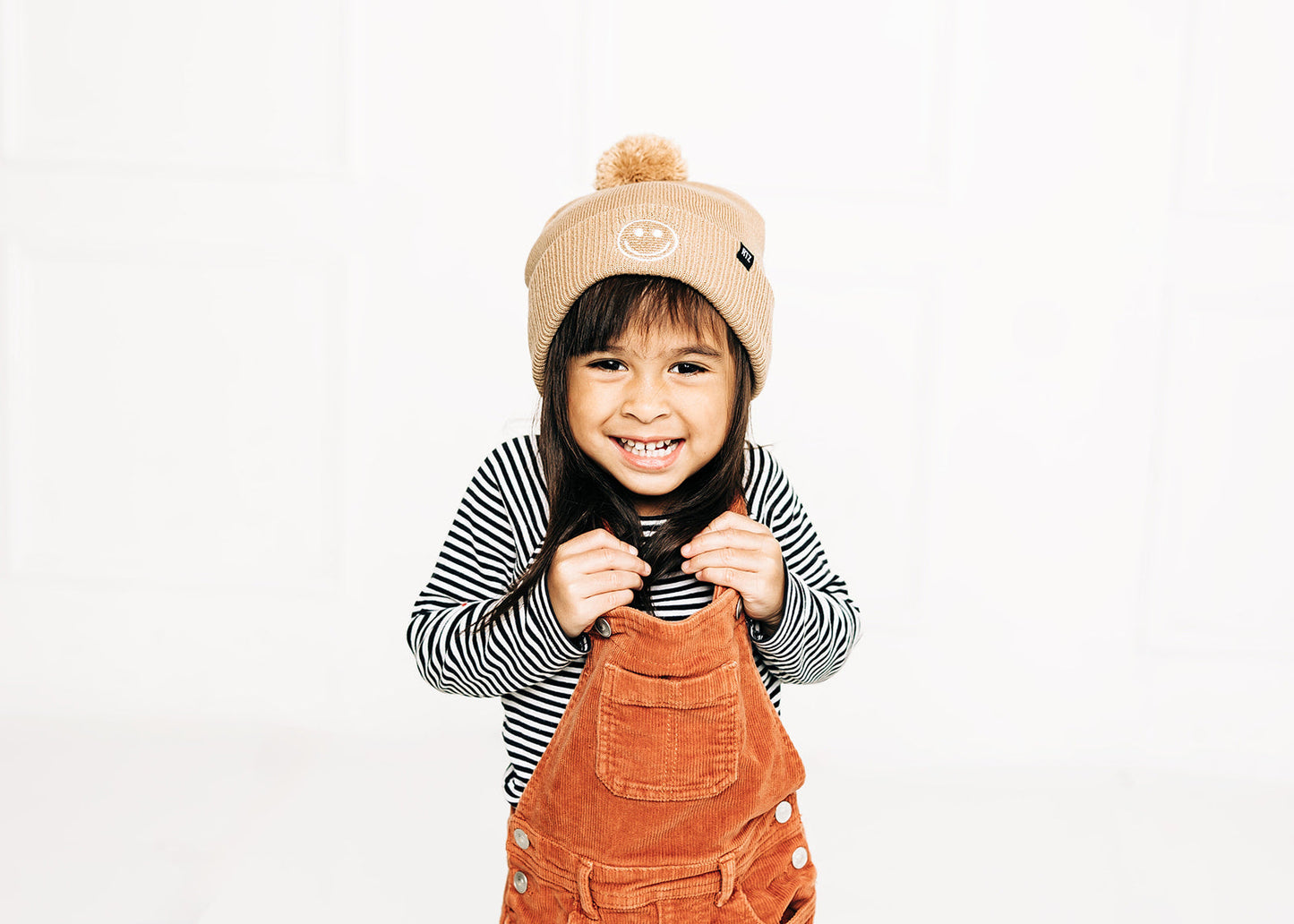 Tan Smiley Pom Pom Hat