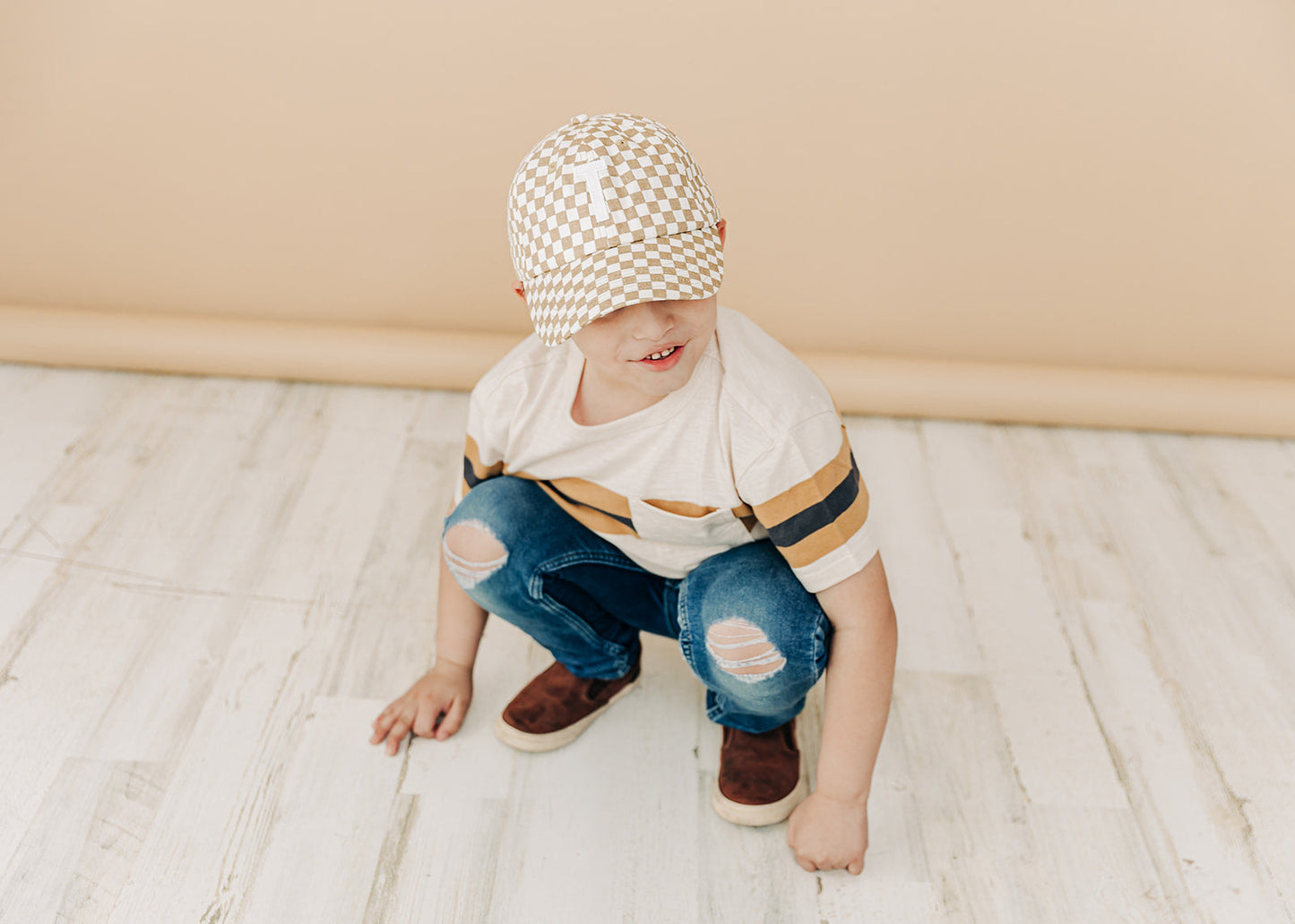 Tan Checker Baseball Hat