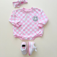 Bubble Romper | Checkered Smiley Pink