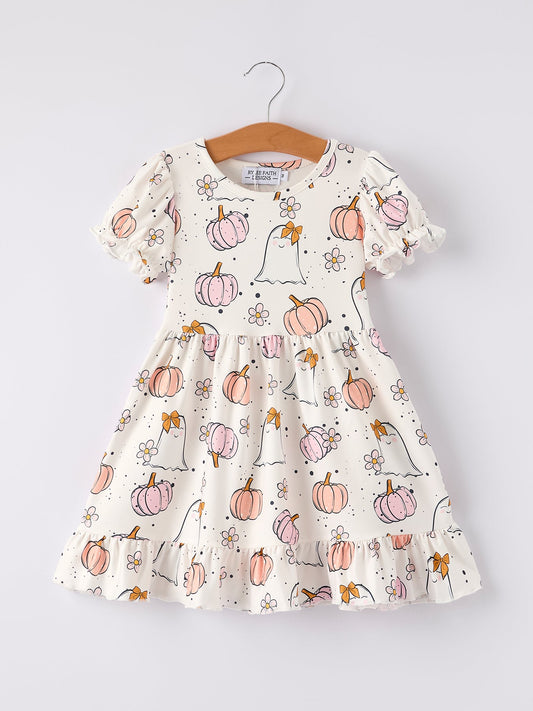 Halloween Pumpkin Ghost Print Cute Girls Dress