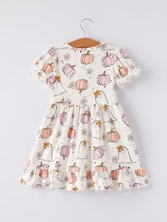 Halloween Pumpkin Ghost Print Cute Girls Dress