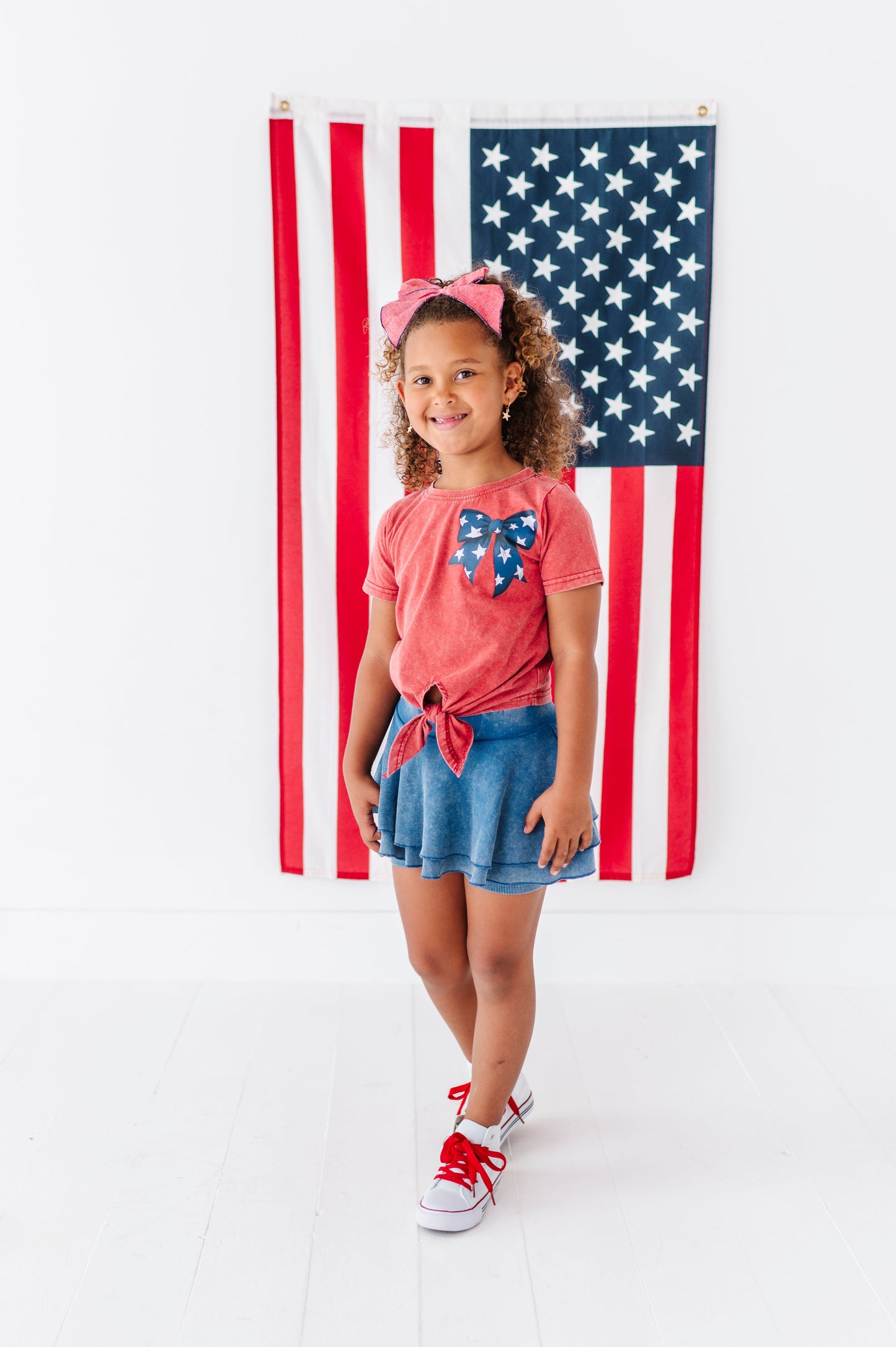 NAVY Star Bow (red shirt) | Girls Tie-Front Shirt