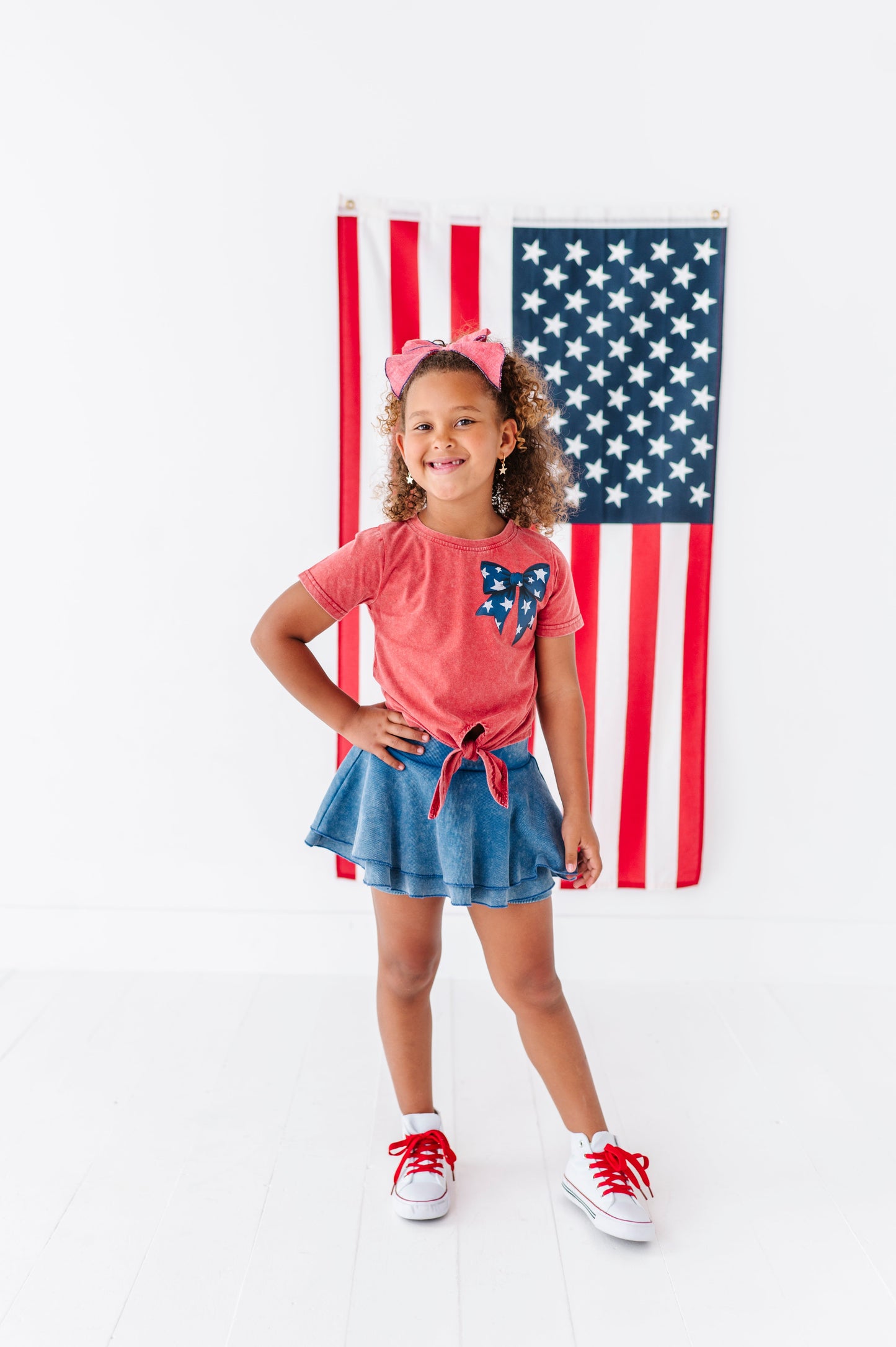 NAVY Star Bow (red shirt) | Girls Tie-Front Shirt