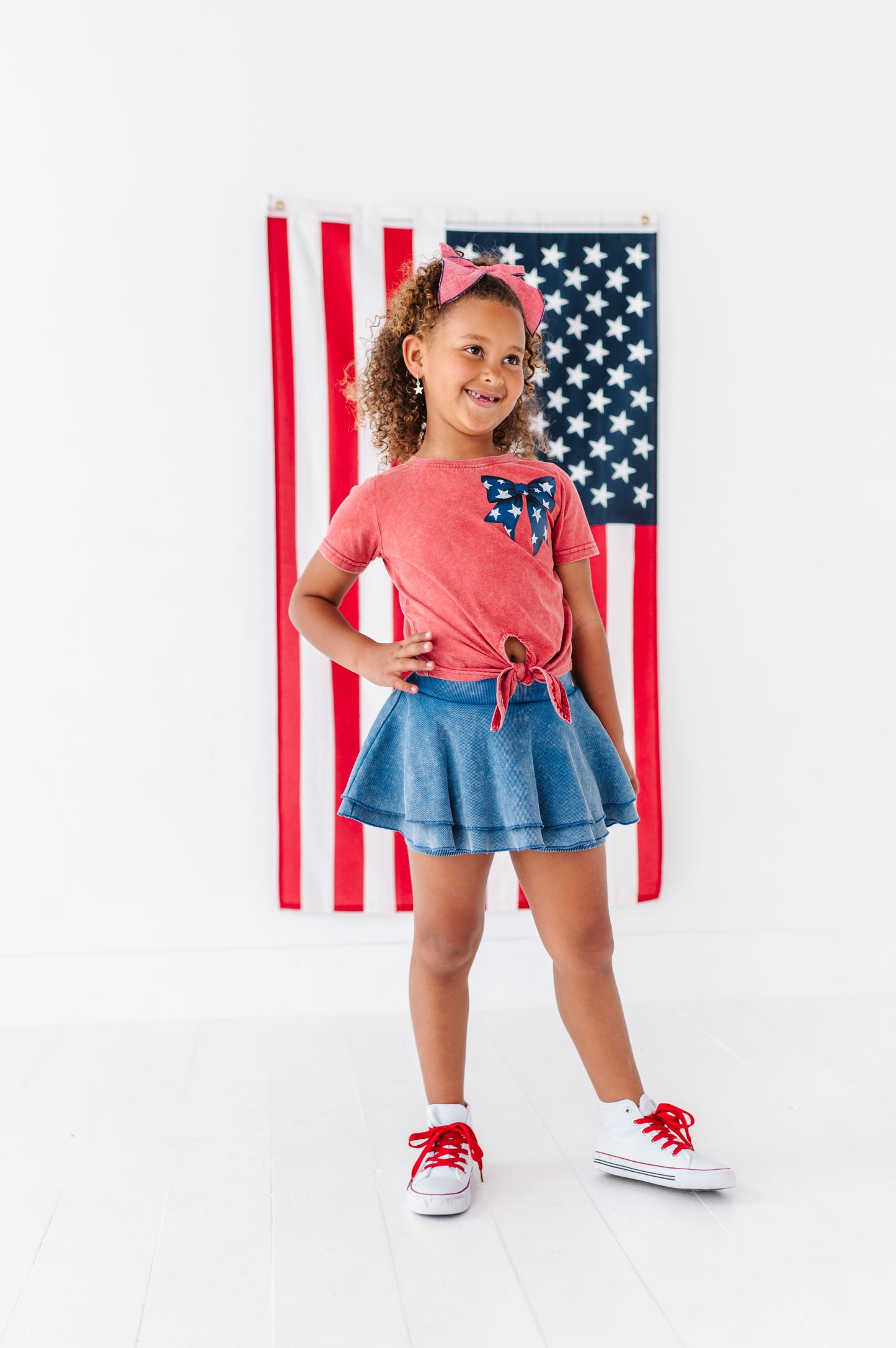 NAVY Star Bow (red shirt) | Girls Tie-Front Shirt