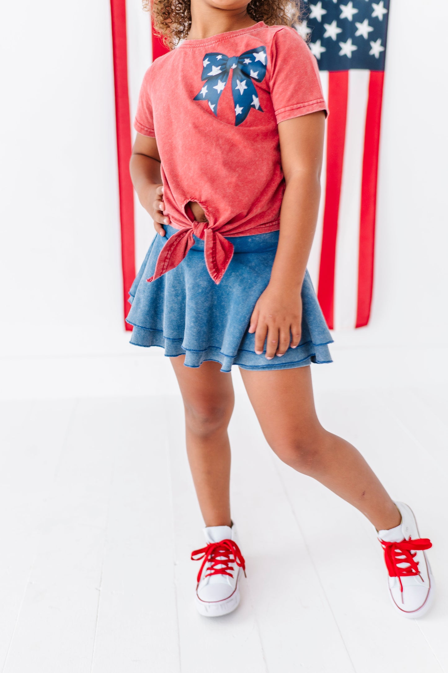 NAVY Star Bow (red shirt) | Girls Tie-Front Shirt