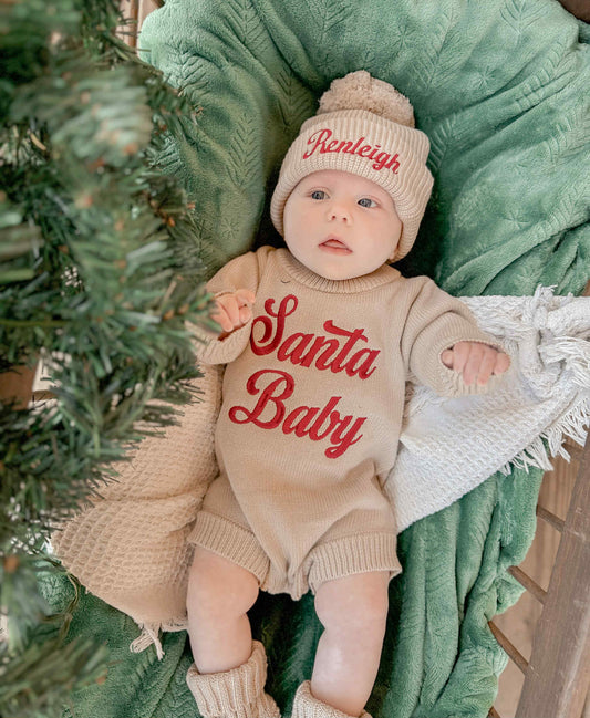Custom Embroidered Santa Baby Christmas Knit Sweater Romper + Add-On Booties & Hat Set