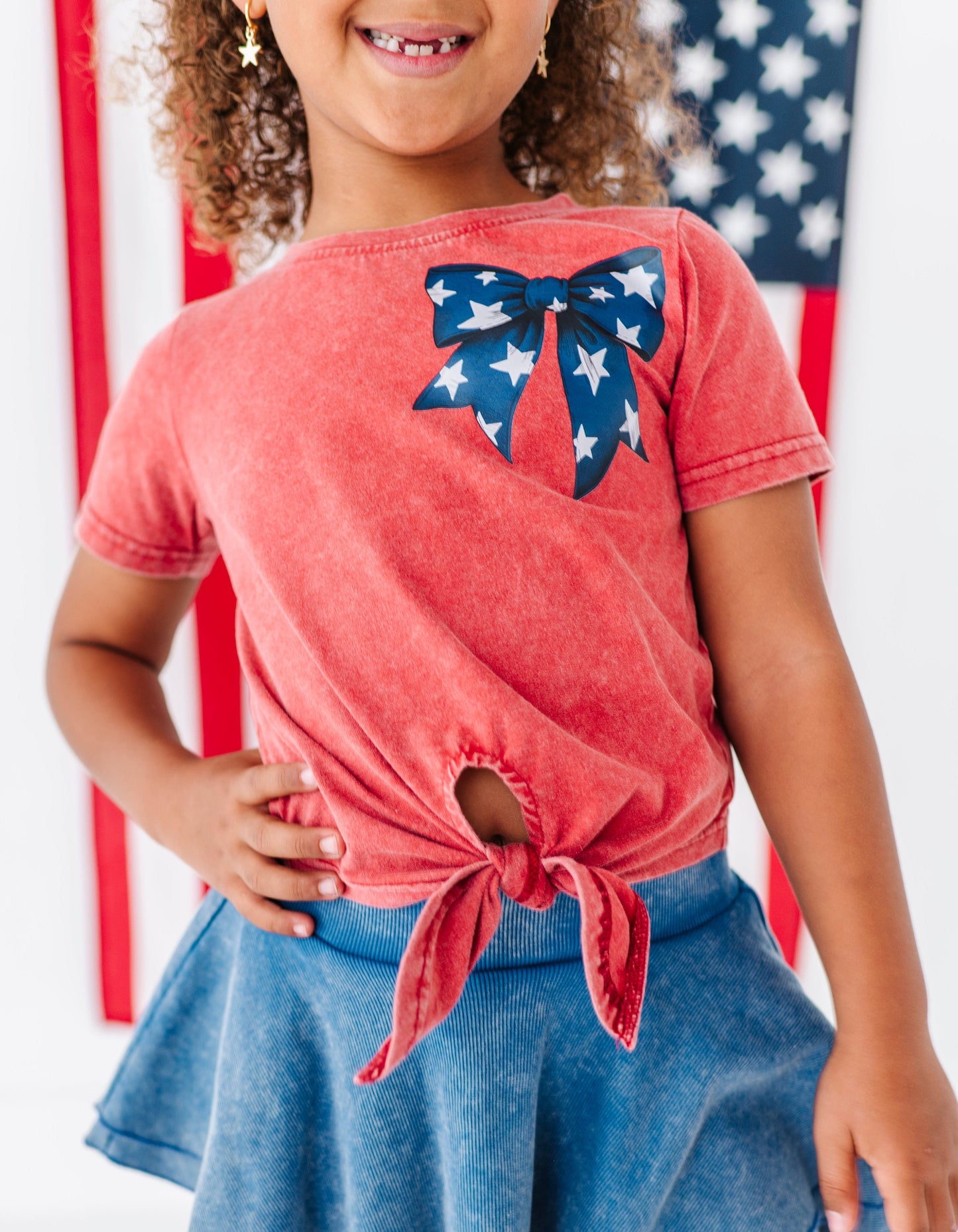 NAVY Star Bow (red shirt) | Girls Tie-Front Shirt
