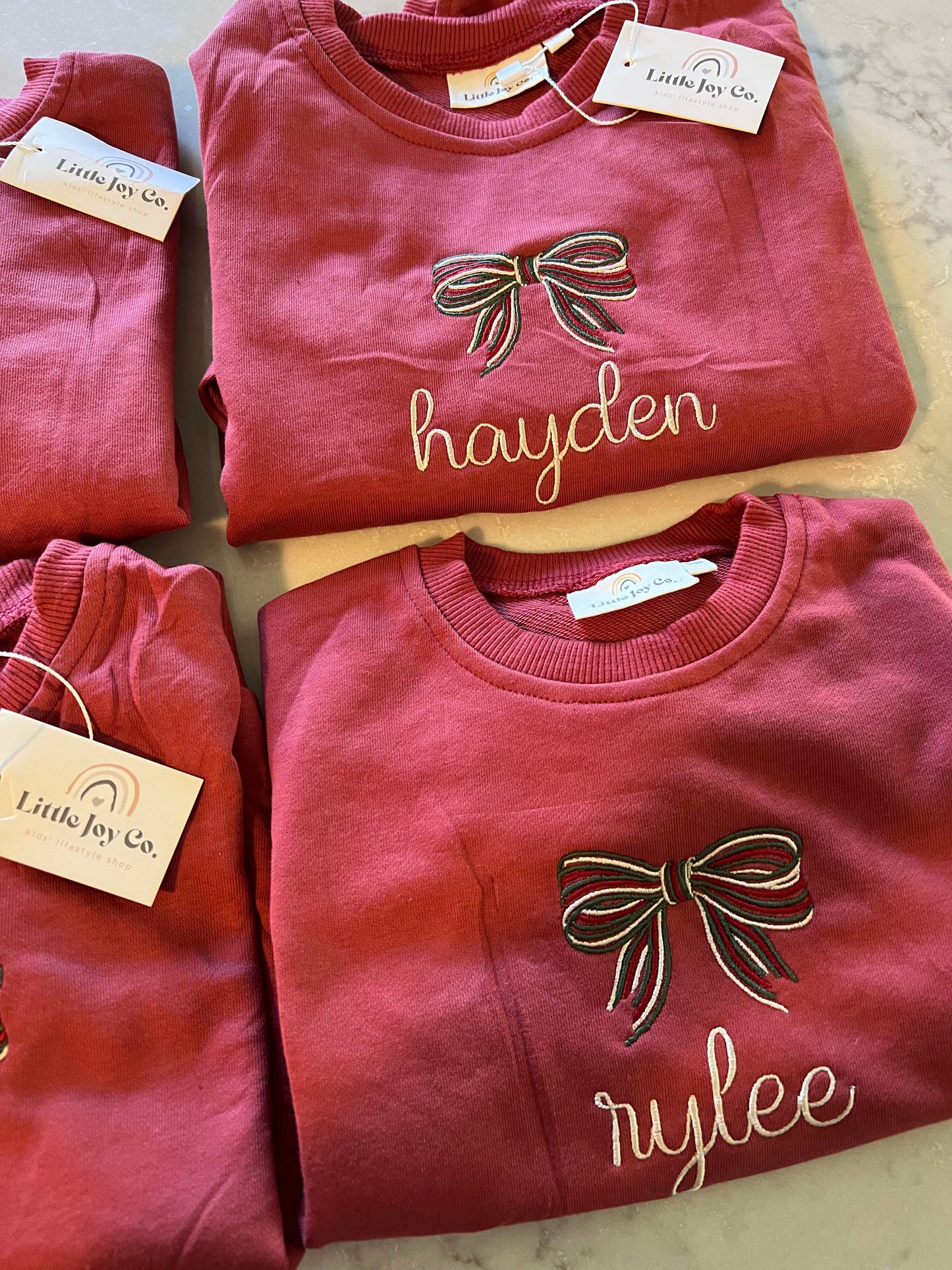 Custom Embroidered Christmas Bow Sweatshirt or Romper