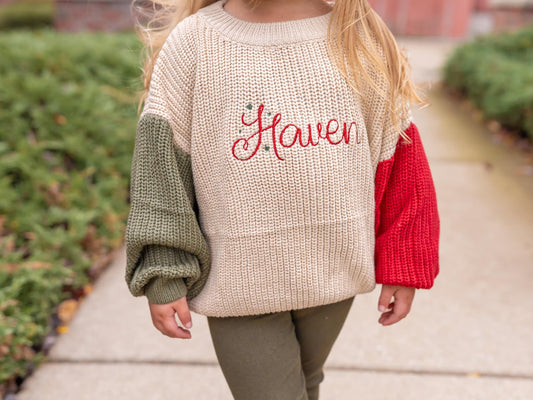 Custom Embroidered Christmas Colorblock Knit Sweater