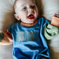 Custom Embroidered Colorblock Sweatshirt Romper - Orange Blue Green