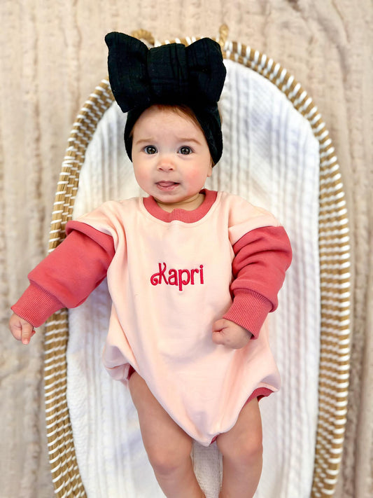 Custom Embroidered Pink/Pink Colorblock Sweatshirt Romper