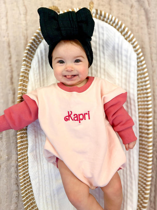 Custom Embroidered Pink/Pink Colorblock Sweatshirt Romper