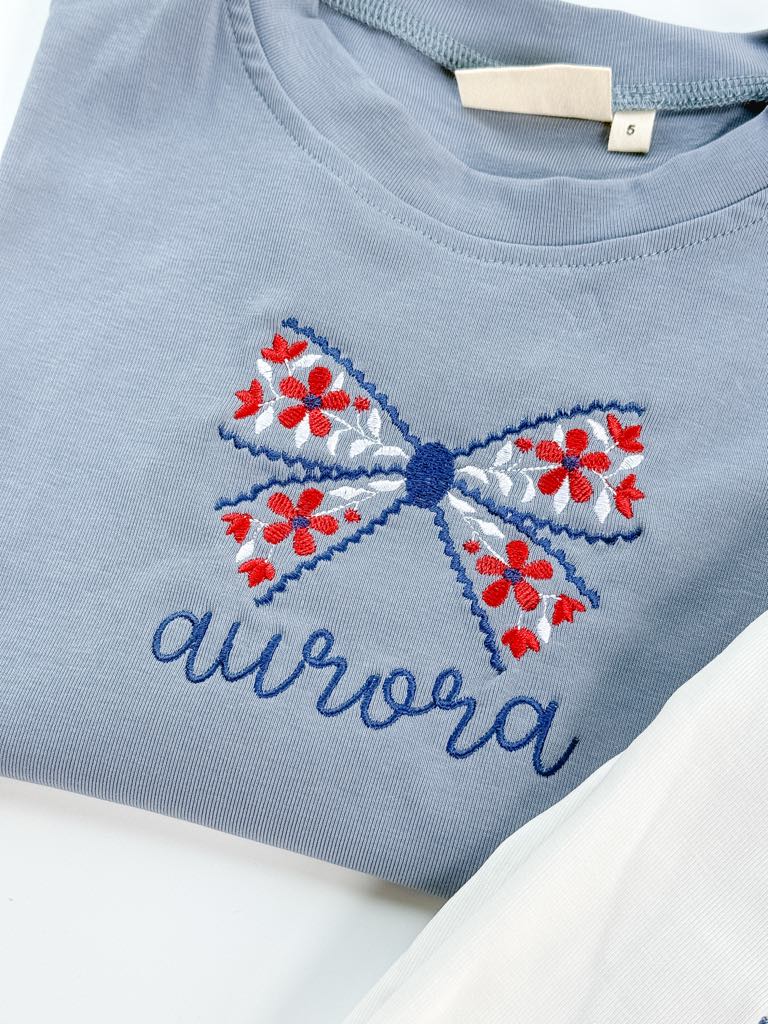 Custom Embroidered Blue 4th of July Tee - Floral Bow