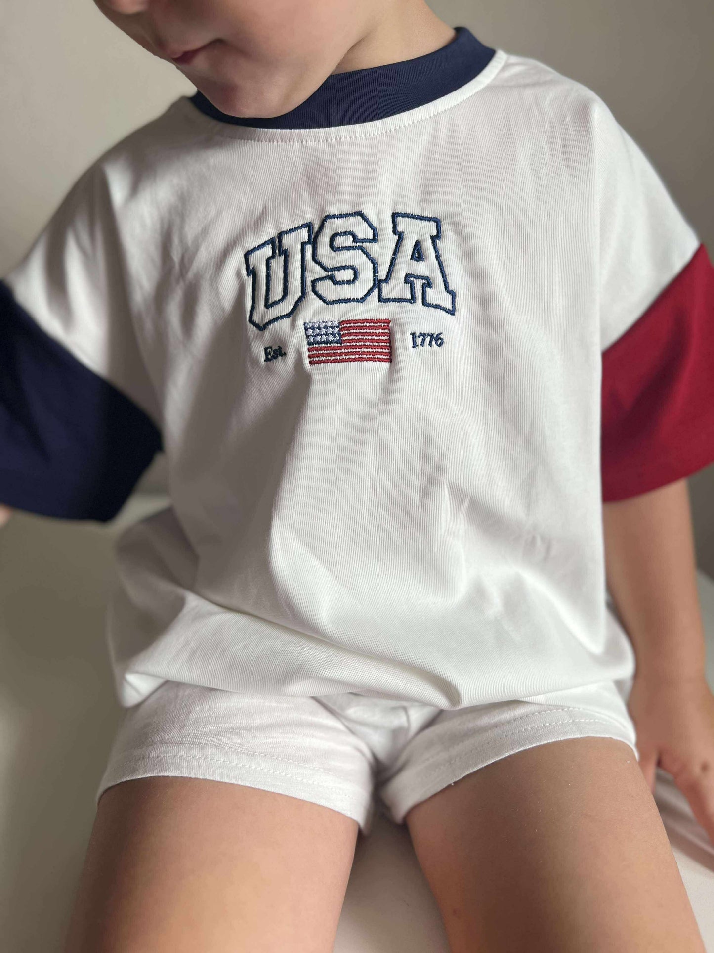 Custom Embroidered 4th of July Oversized Colorblock Tee - Star Font