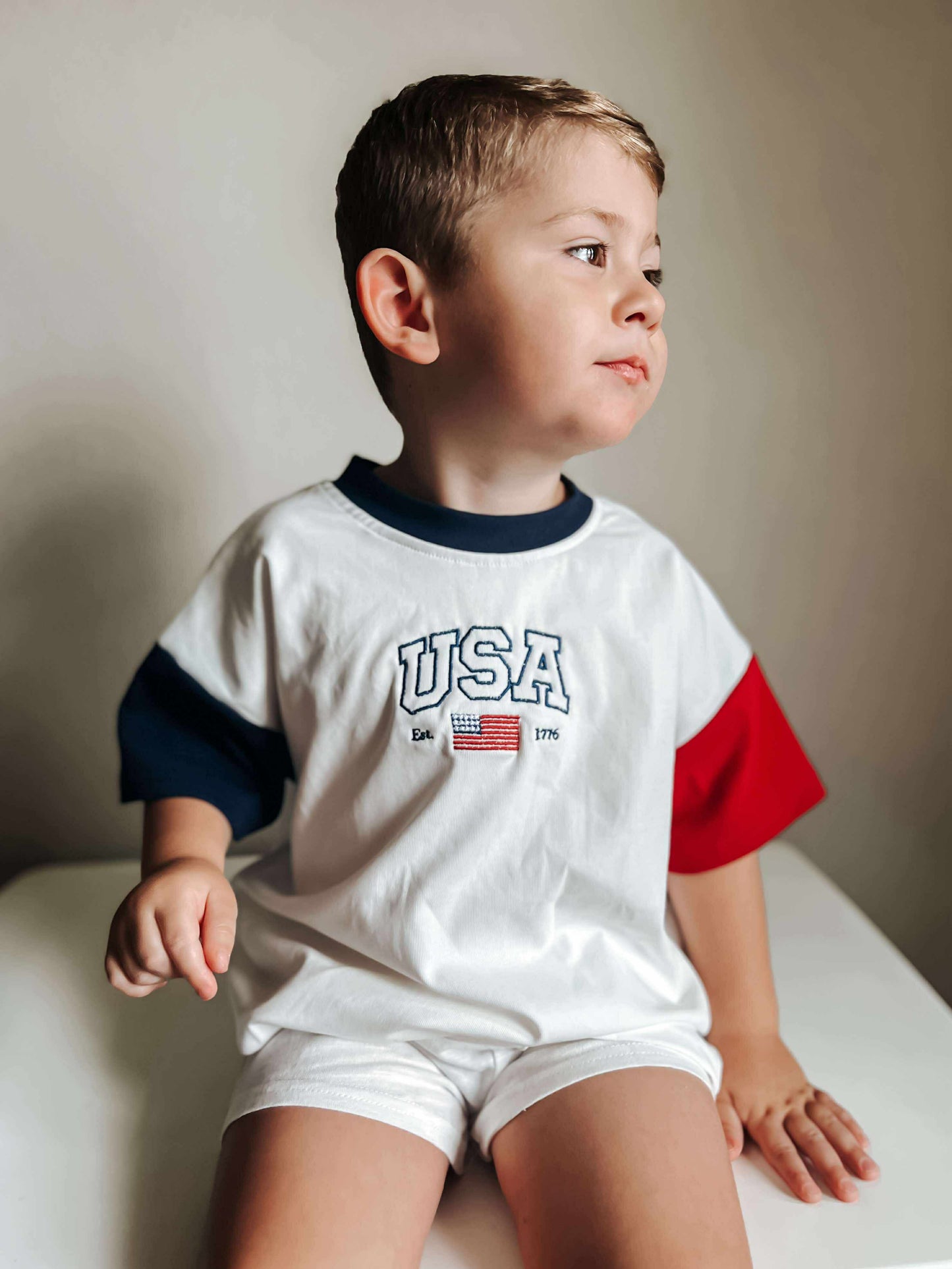 Custom Embroidered 4th of July Oversized Colorblock Tee - Star Font