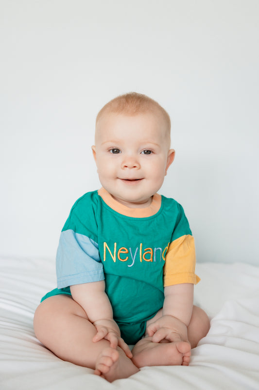 Custom Embroidered Colorblock T-Shirt Romper - Green