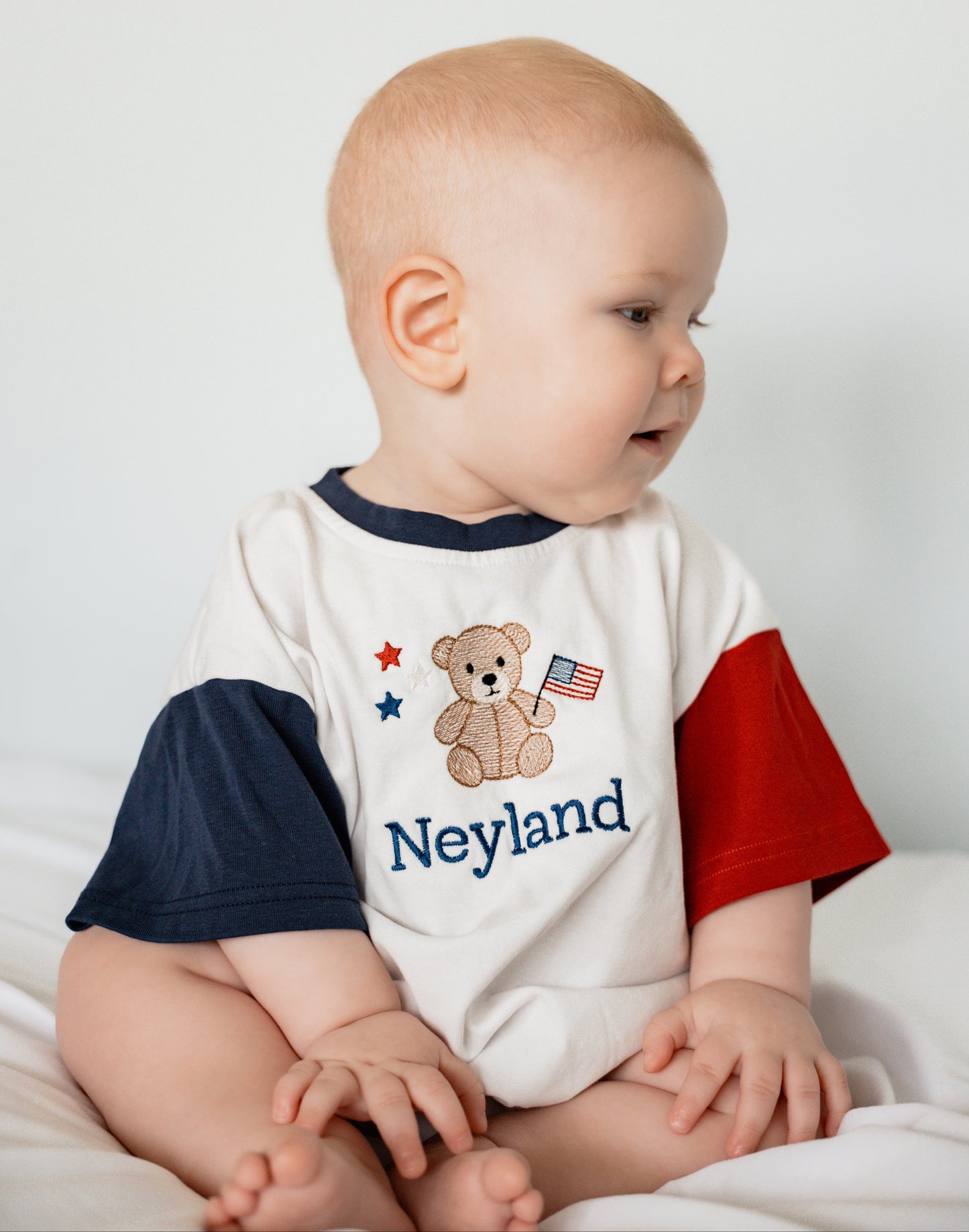 Custom Embroidered 4th of July Colorblock T-Shirt Romper or Oversized Tee - Teddy Bear