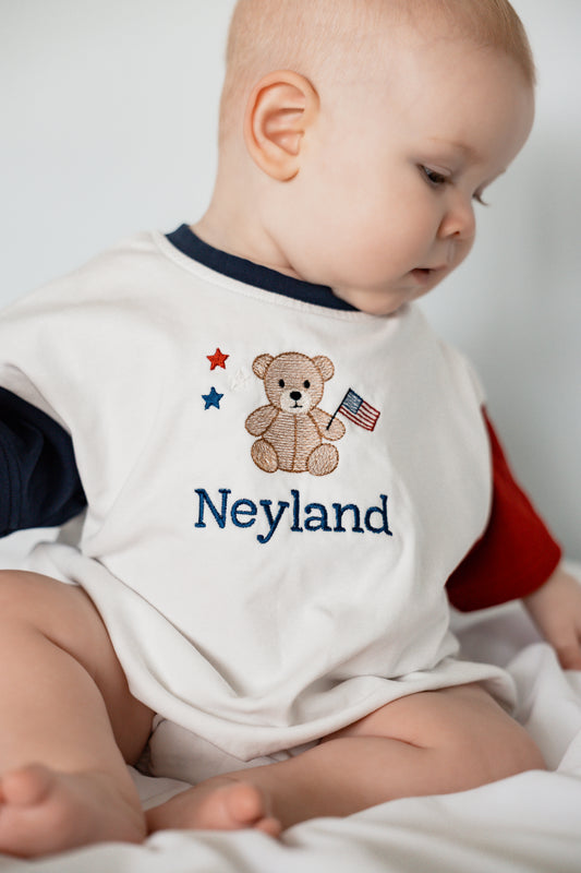 Custom Embroidered 4th of July Colorblock T-Shirt Romper or Oversized Tee - Teddy Bear