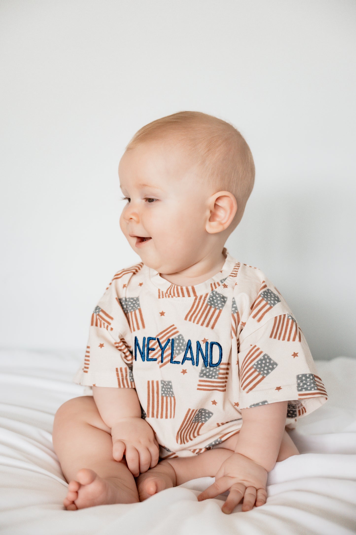 4th of July Flag Print T-Shirt Romper - optional custom embroidery