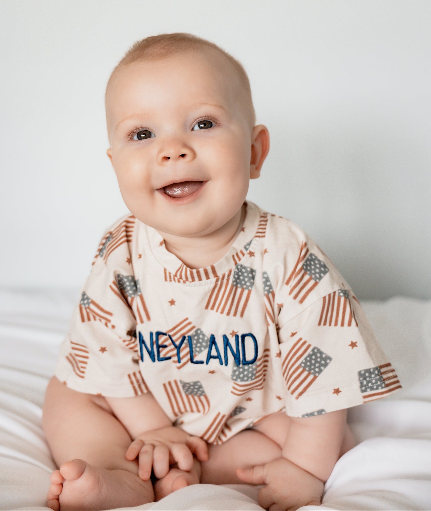 4th of July Flag Print T-Shirt Romper - optional custom embroidery