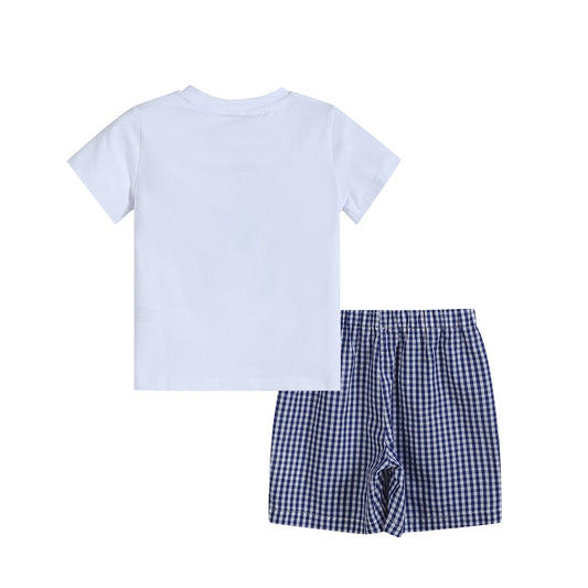 4th of July Royal Blue Gingham American Flag Shirt and Shorts Set