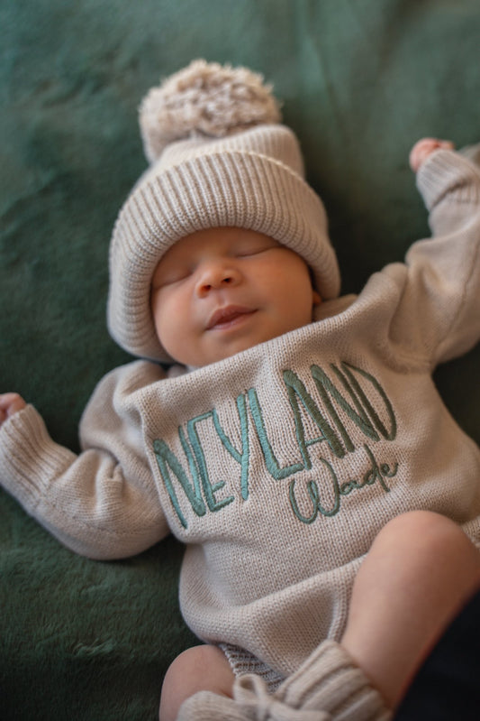 Custom Embroidered Knit Sweater Romper + Add-On Booties & Hat Set