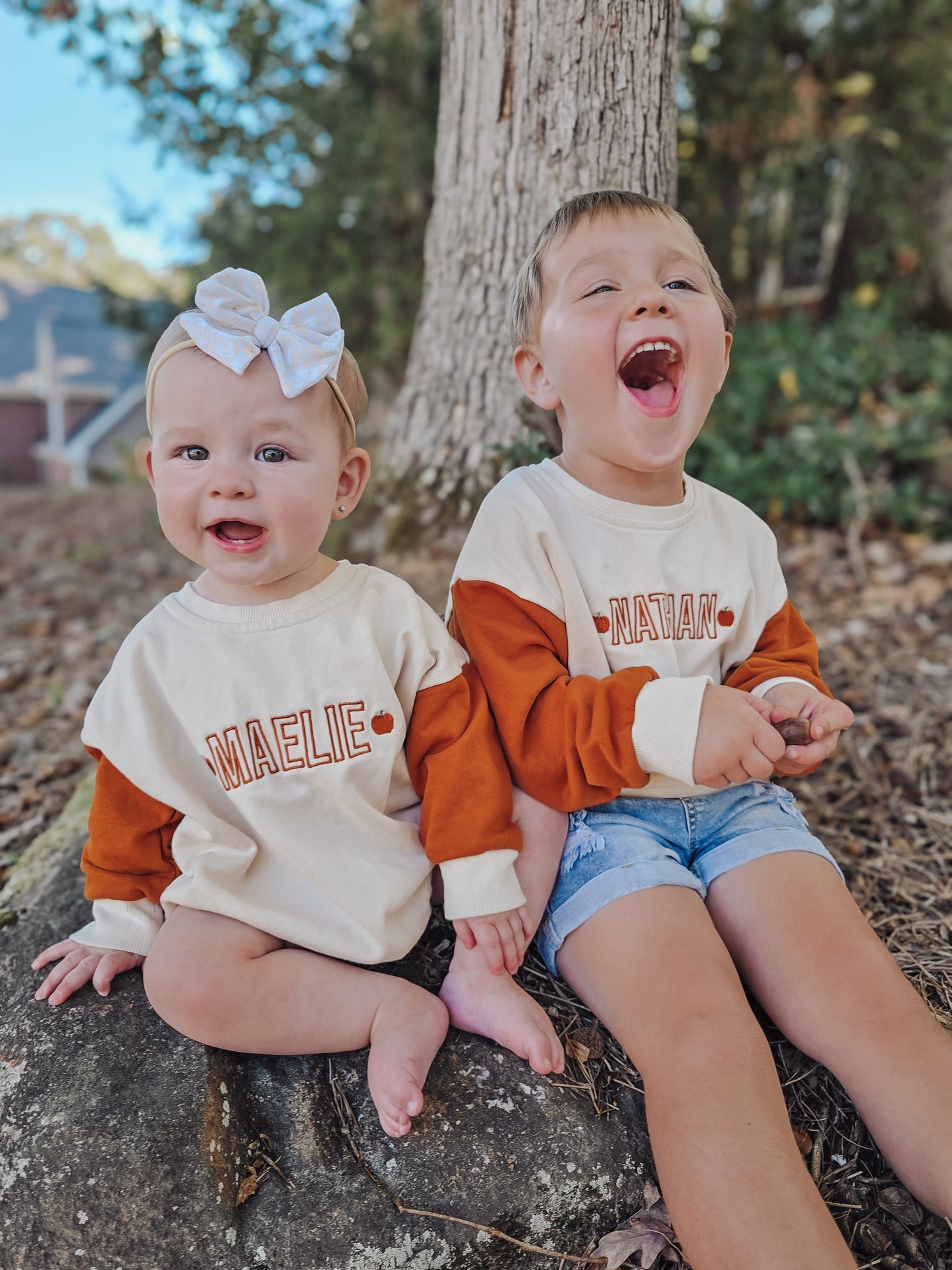 Custom Embroidered Orange Colorblock Crewneck Sweatshirt or Romper