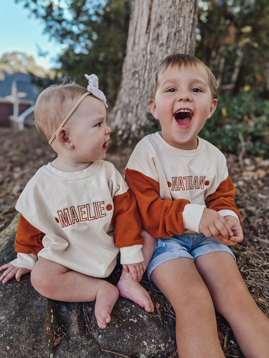 Custom Embroidered Orange Colorblock Crewneck Sweatshirt or Romper