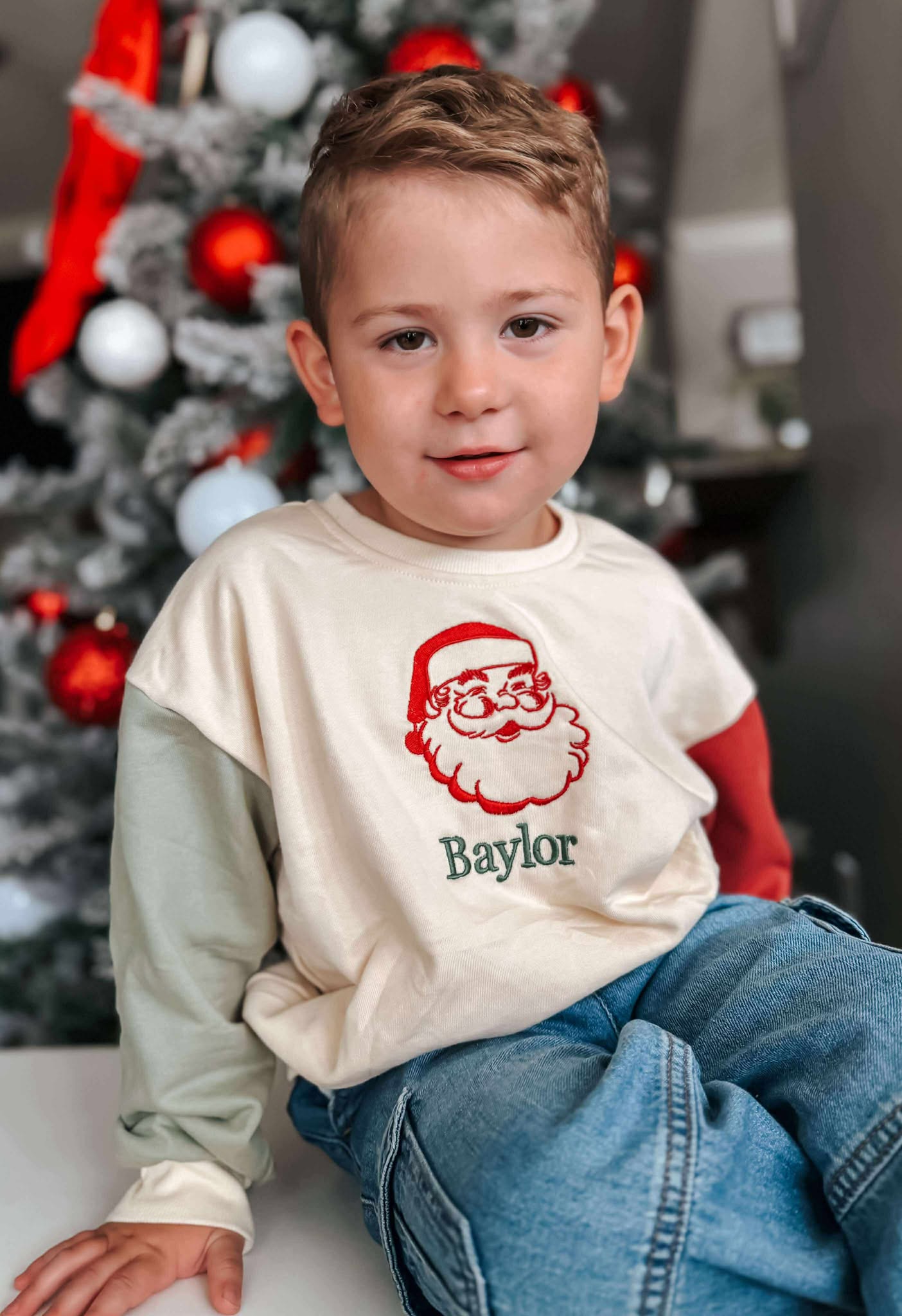 Custom Embroidered Christmas Colorblock Sweatshirt or Romper - Santa Hat