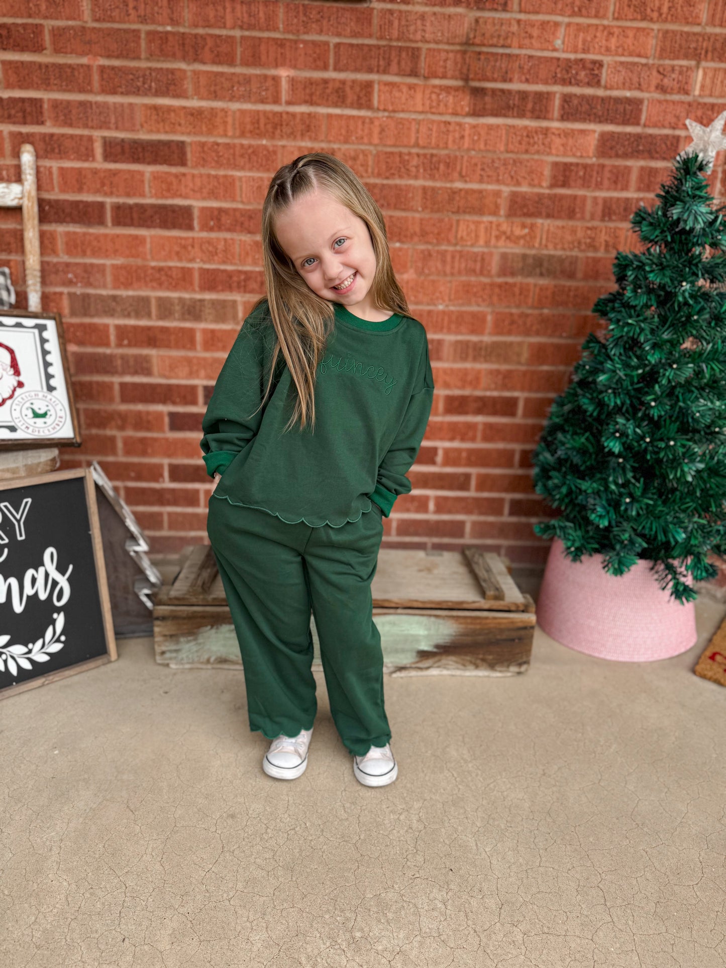 Custom Embroidered Monochromatic Scalloped Set - Christmas Red, Cream, Green or Brown