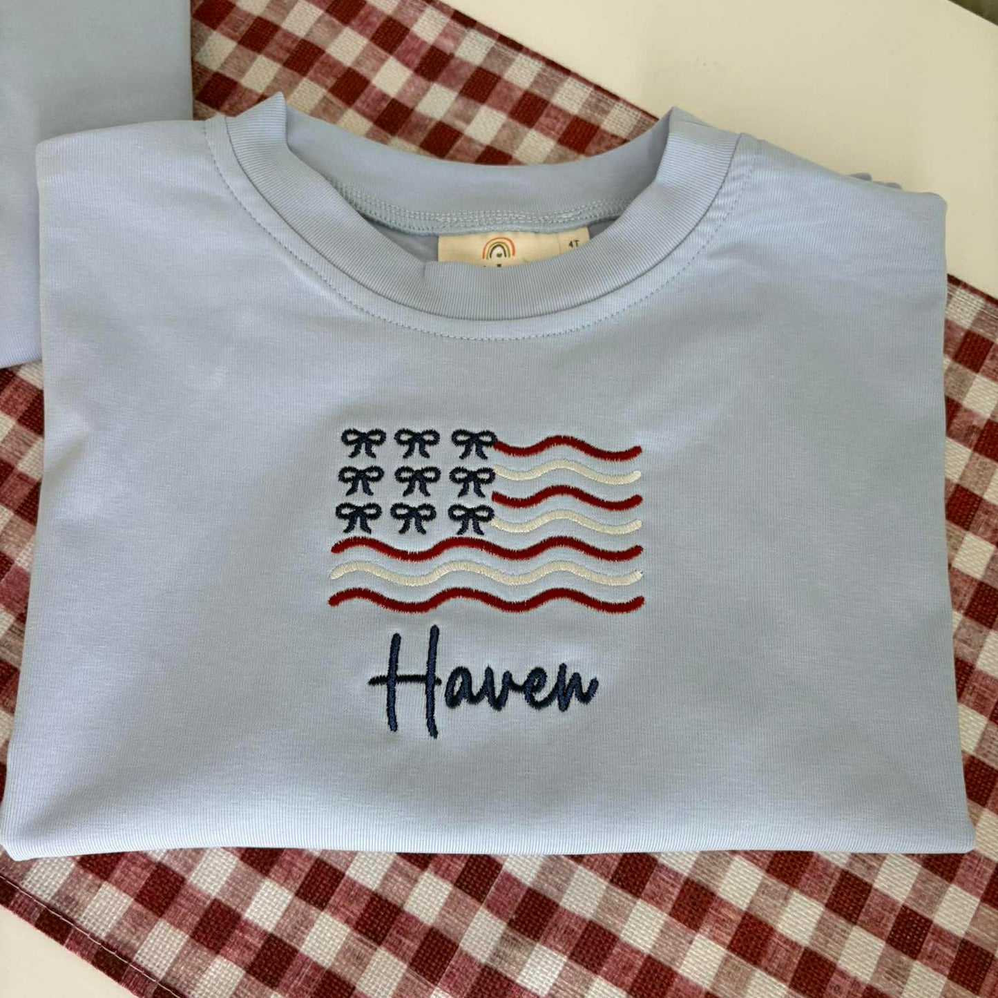 Custom Embroidered Light Blue 4th of July Oversized Tee or T-Shirt Romper - Bow Flag