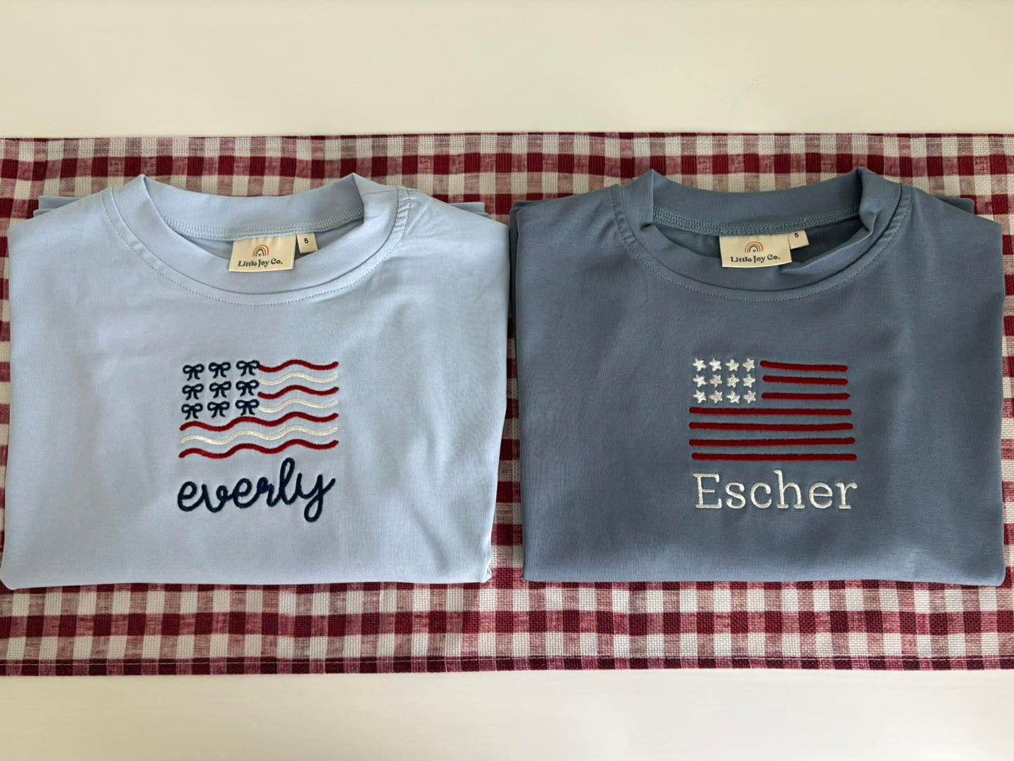 Custom Embroidered Light Blue 4th of July Oversized Tee or T-Shirt Romper - Bow Flag